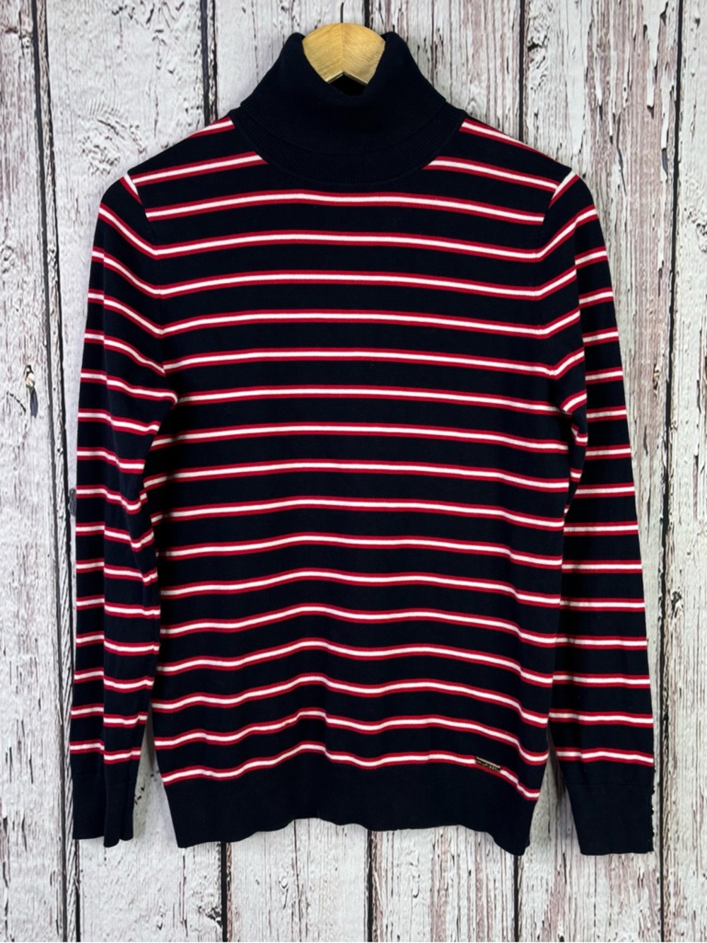 Tommy Hilfiger Navy Red White Striped Turtleneck Sweater Women’s Medium Buttons